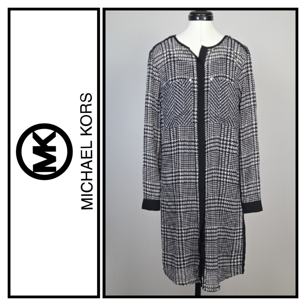 ✨ Michael Michael Kors Black & White Plaid Chiffon Dress with Slip – Size M ✨